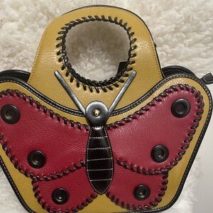 Butterfly Accent Yellow and Pink Leather Tote